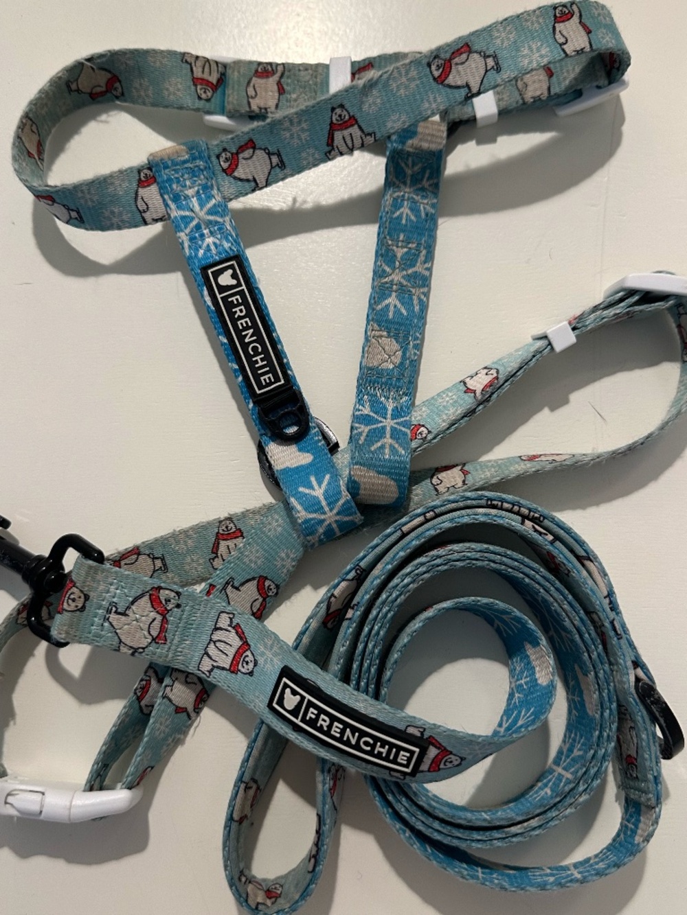Frenchie Bulldog Strap Harness & Dual Print Leash - Polar BearPrint